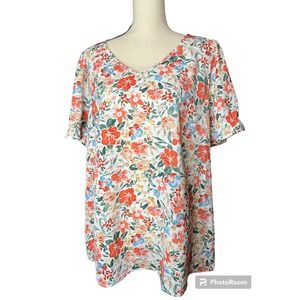Agnes Orinda Tunic Size 1X in Orange Blue Floral Print Short Elastic Sleeves